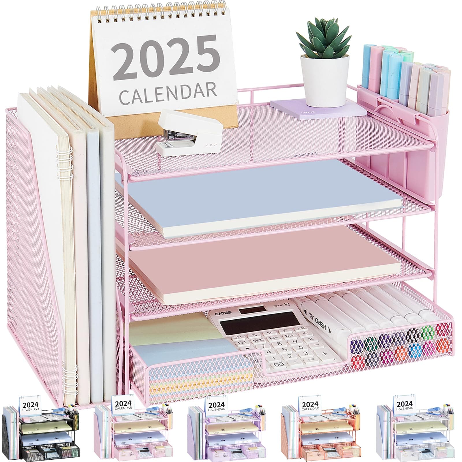 Desk Organizer, 4-Tier Desktop File Organizer with Drawer and 2 Pen Holders, Office Desk Accessories, File Sorters, Workspace Organizers for Office Supplies(Pink)