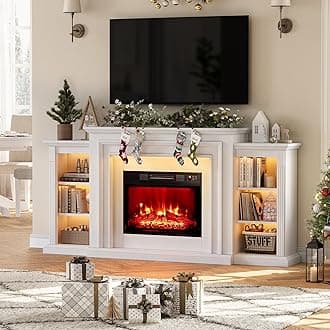 72" LED Lights Electric Fireplace with Mantel, Fireplace TV Stand for TVs Up to 80",Modern Entertainment Center with Storage, Delicate Three-Dimensional Molding with Remote Control for Living Room
