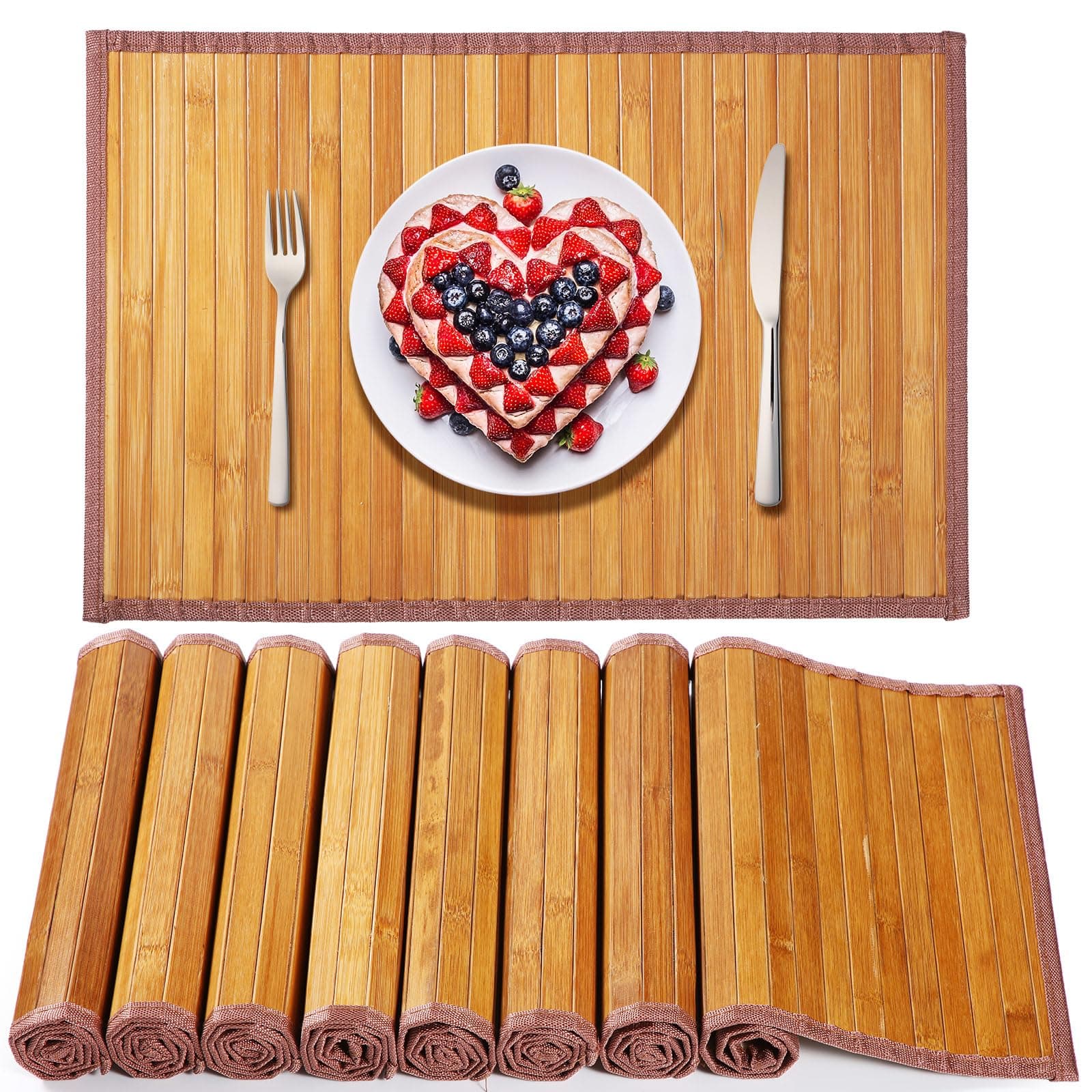 Hushee 8 Pcs Bamboo Placemats Dining Table Mats Washable Heat Place Resistant Mat for Dining Kitchen Room Table, 18 x 12 Inch