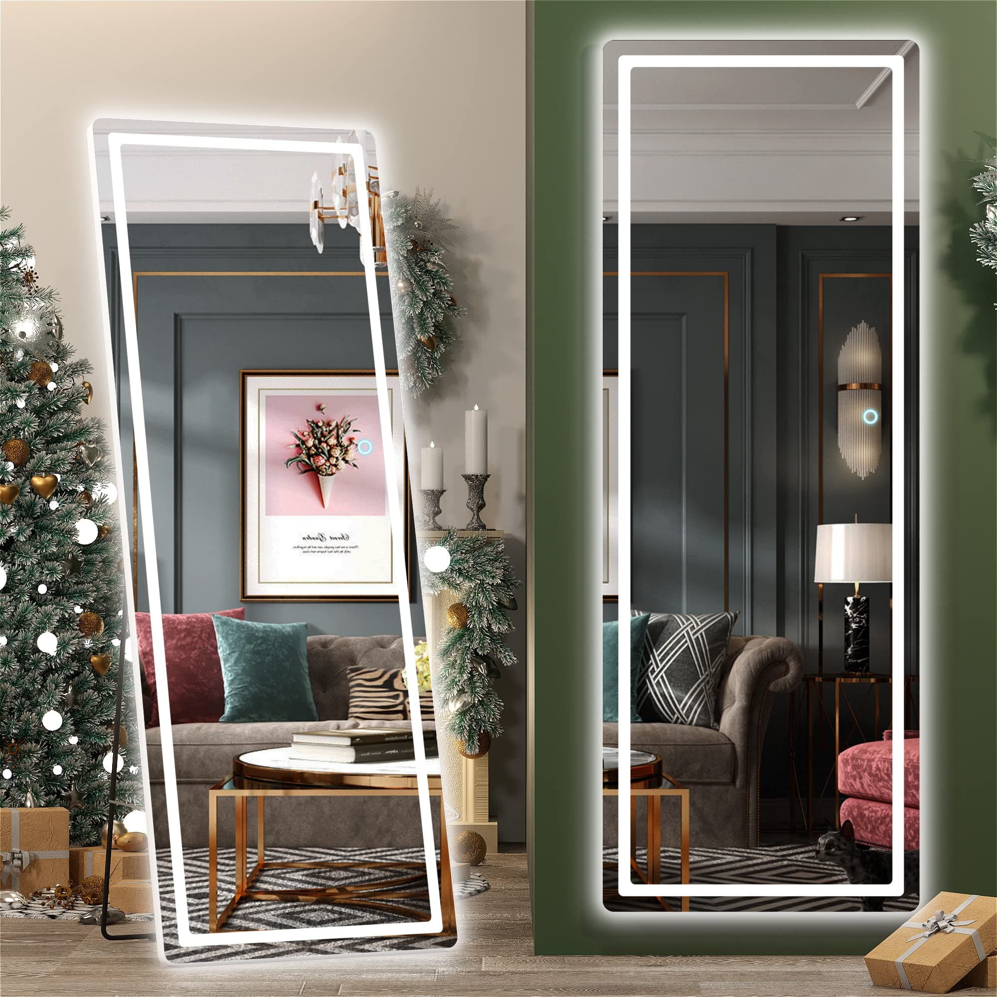 Hasipu Long Full Length Mirror with Lights, 65'' x 22'' Lighted Floor Standing LED Large Mirror Full Length, Full Body Mirror w/ Dimming & 3 Color Lighting White