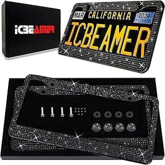 ICBEAMER Handcrafted Rhinestone Black Crystal Diamond Premium Stainless Steel Weatherproof Bling Bling License Plate Frame [Pack of 2 pcs]