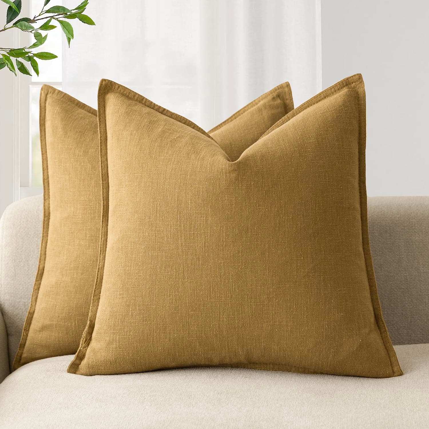 Foindtower Pack of 2, Decorative Linen Soild Throw Pillow Covers Soft Accent Cushion Case Boho Farmhouse Pillowcase for Chair Couch Sofa Bedroom Living Room Home Decor 26 x 26 Inch Honey Mustard