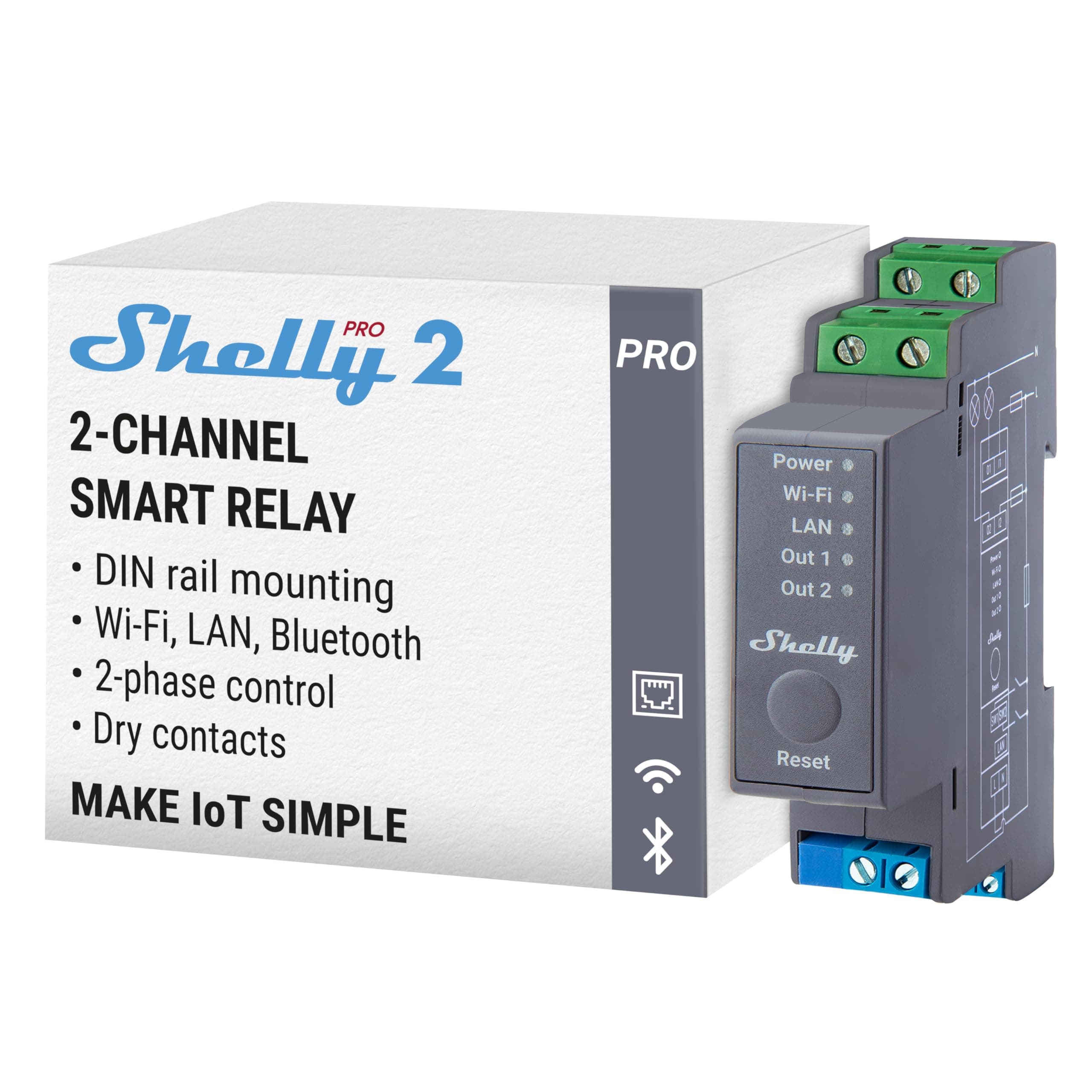 Shelly Pro 2 | Wi-Fi & LAN, 2-Channel Smart Relay | Home & Facility Automation | Compatible with Alexa & Google Home | iOS Android App | Lights Automation | Controller for Motorized Valve