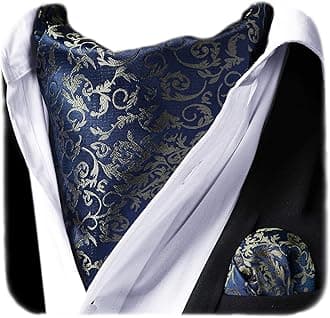 HISDERN Men's Cravat Ascot Ties Paisley Jacquard Woven Floral Luxury Ascot Scarf Tie and Handkerchief Set, C-navy Blue & Orange, One size