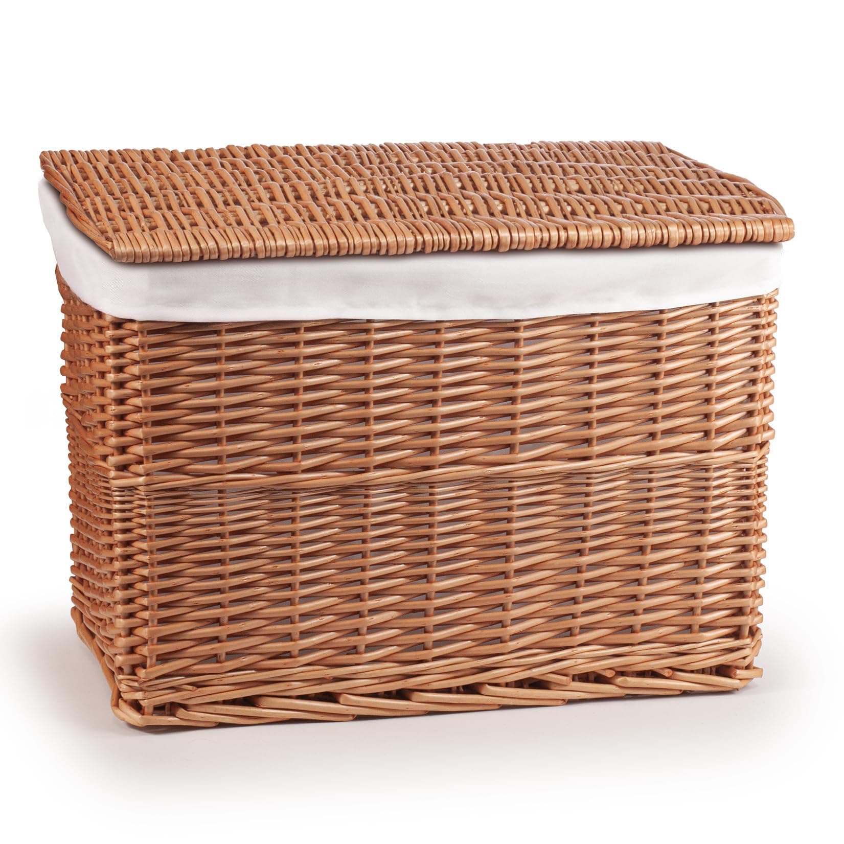 woodluv Medium Steamed Willow Wicker Basket W/White Linning Storage Trunk Chest Hamper, Brown, 49 x 32 x 37 cm