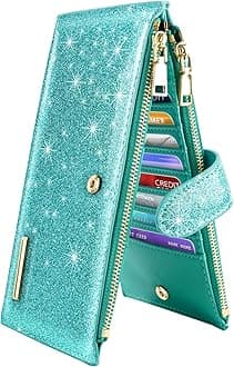 Womens RFID Blocking Glitter Leather Multi Card Organizer Bifold Black Wallet with Zipper Pocket,Tiffany Glitter