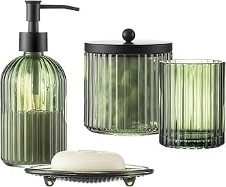 4PCS Olive Green Glass Bathroom Accessories Set, Includes Soap Dispenser, Cotton Jar, Soap Holder Tray & Tumbler, Heavy Weight Embossed Glass Bathroom Decor Set for Home, Apartment & Vanity