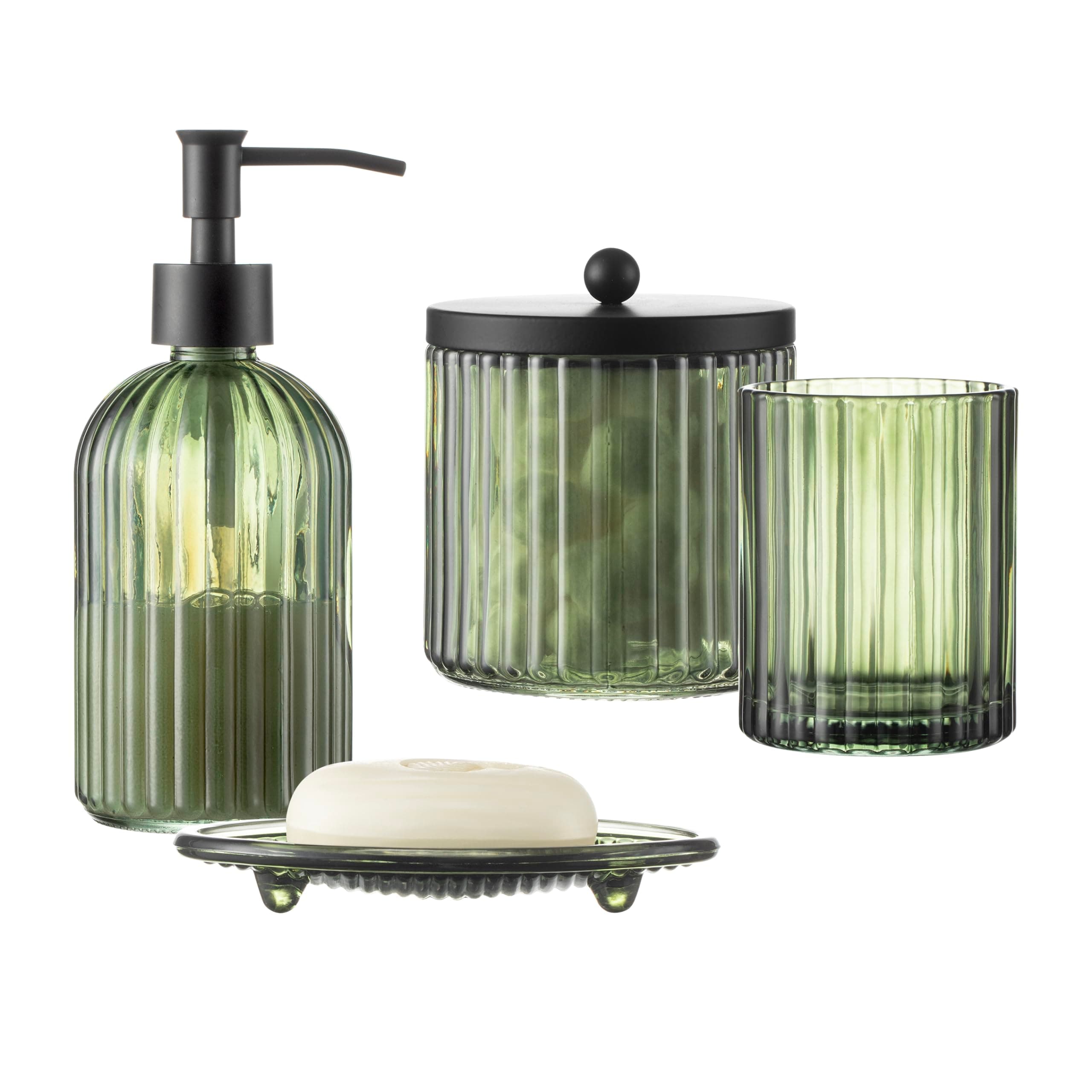 4PCS Olive Green Glass Bathroom Accessories Set, Includes Soap Dispenser, Cotton Jar, Soap Holder Tray & Tumbler, Heavy Weight Embossed Glass Bathroom Decor Set for Home, Apartment & Vanity