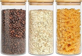 Glass Food Storage Canisters with Lids Set of 3-30oz, BPA Free High Borosilicate Glass Cookies Jars with Sealing Bamboo Cover