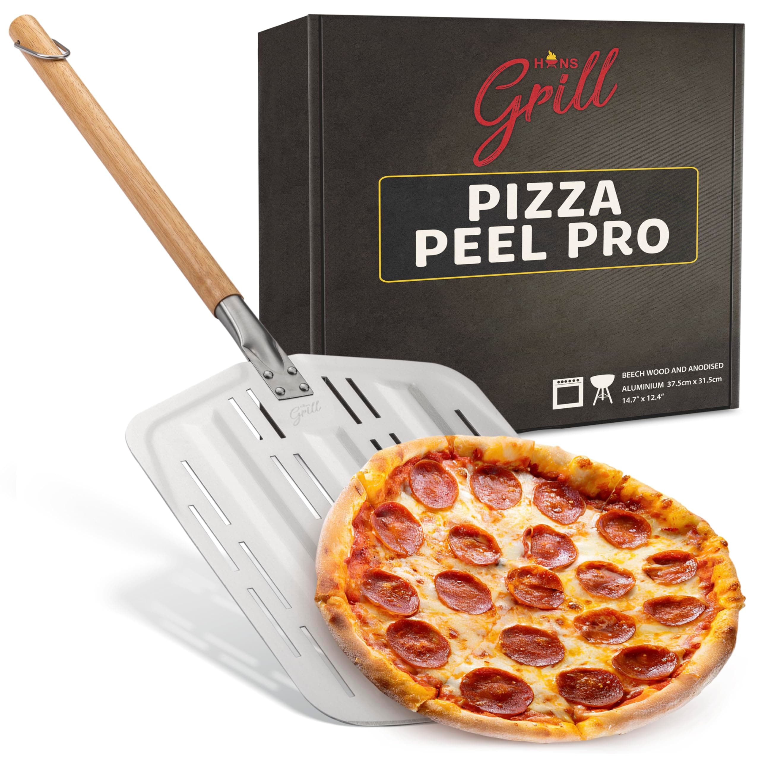 Hans Grill Pizza Peel PRO | Made for XL Pizza 12 inch + | Professional Restaurant Grade Perforated Metal Non-Stick Paddle for launching, turning and retrieving pizzas (Peel Pro) (Grey)