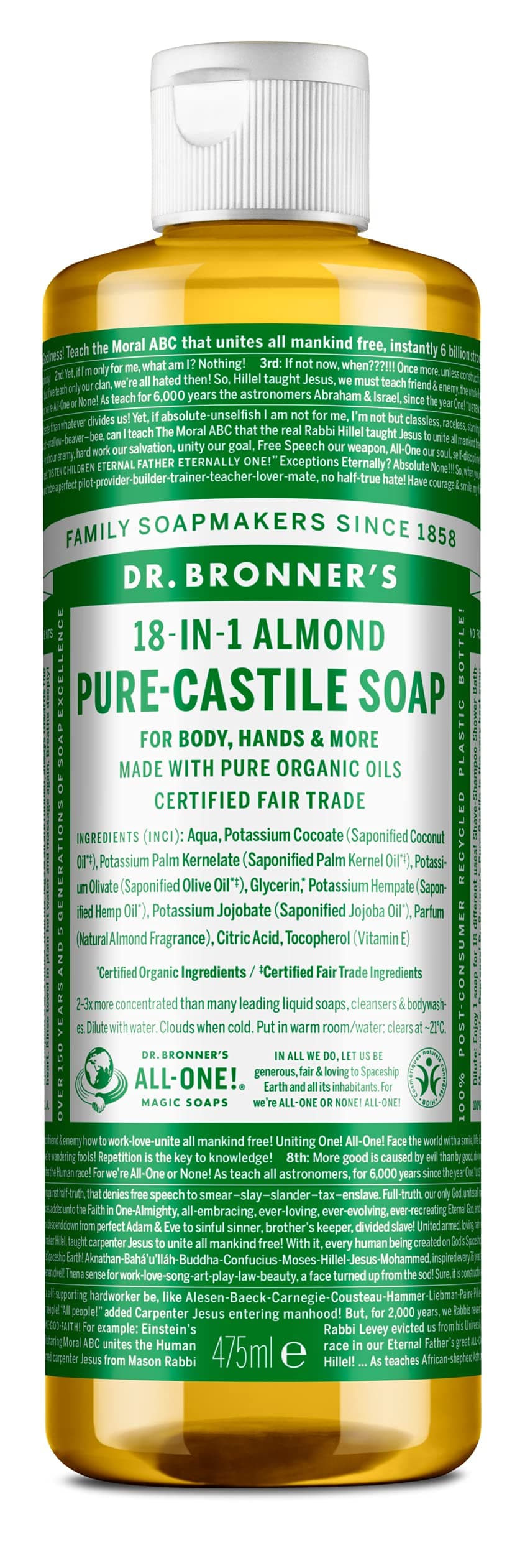 Pure Castile Liquid Soap Almond 475 ml, Black, 16 Ounce