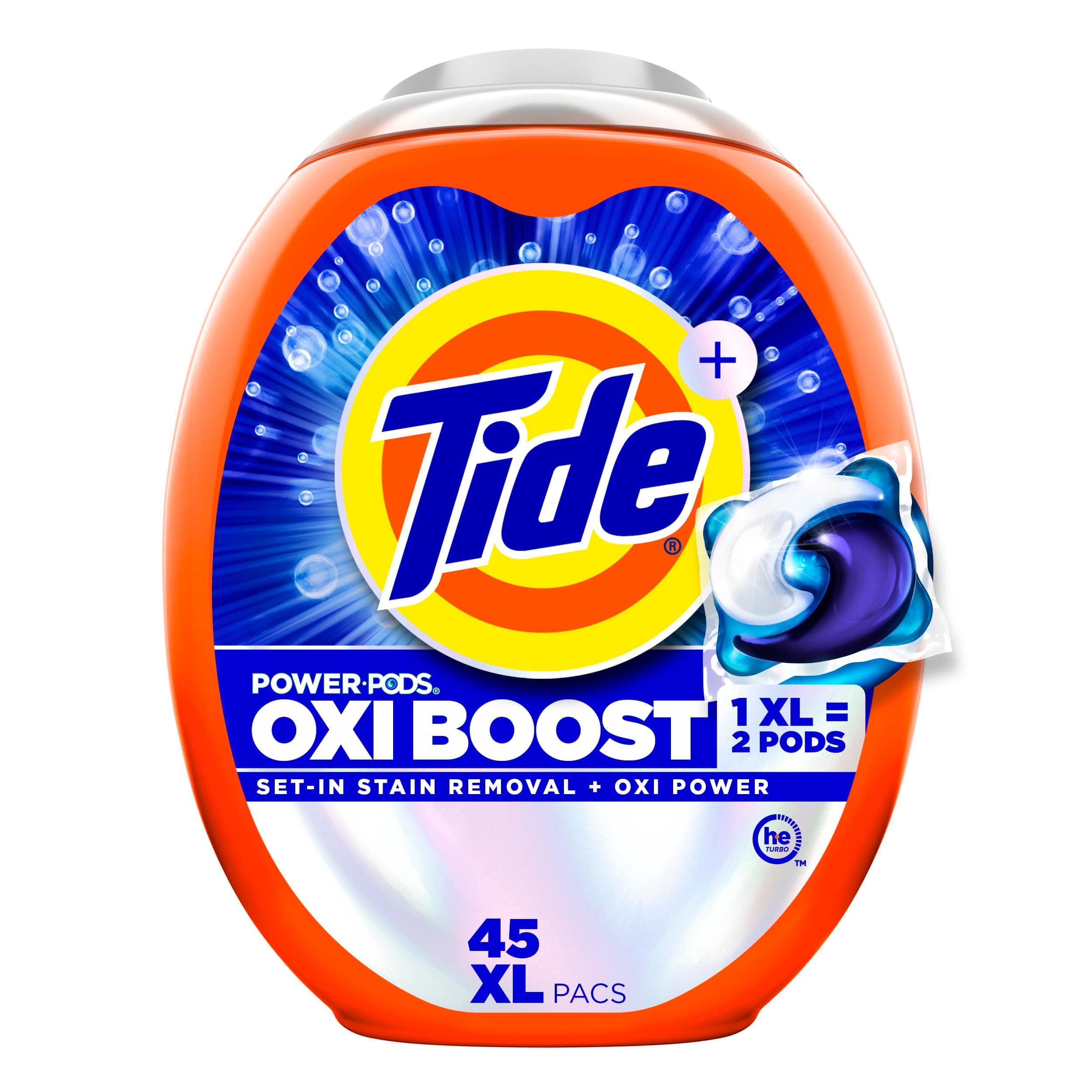 Tide Oxi Boost Power PODS Laundry Detergent Pacs, 45 Count, Set-In Stain Removal + Oxi Power, laundry soap detergent pacs