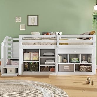 BTM Multifunctional Midsleeper Bed with Stairs and Storage Space, Stairs/Cabinets Interchangeable on the Left & Right, Reversible Drawers Usable as a Desk(No Mattress) 90 * 190cm, White(No Mattress)