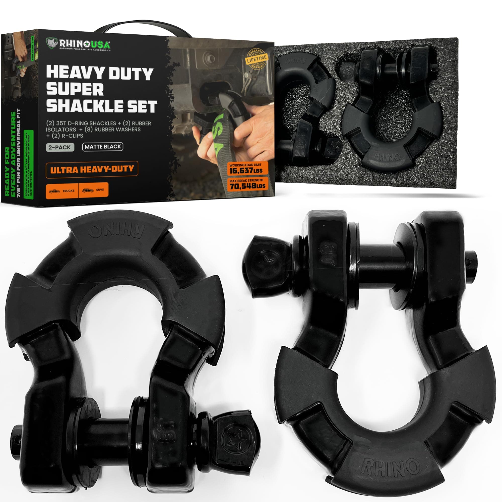 Rhino USA Super D Ring Shackles (2-Pack) - 70,548lb Break Strength – Heavy Duty 3/4" Clevis Shackle with 7/8 Pin for Towing & Off-Road Use - Pairs with Tow Strap for Vehicle Recovery (Matte Black)