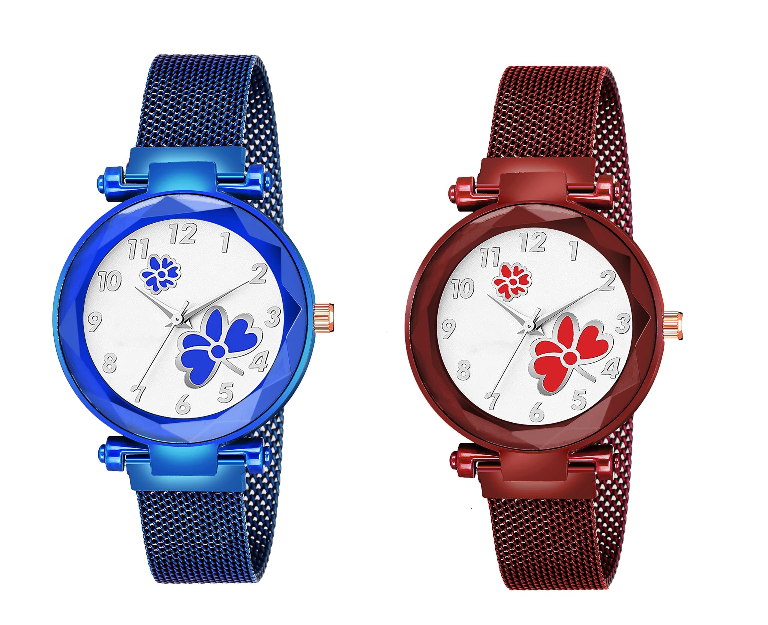 Talgo Alluring Analogue Multicolor Dial Multicolor Magnet Strap Graceful Stylish Wrist Watch for Women, Pack of 2 - GEN-MAG-Flower-BLU-BLM-RED-RDM
