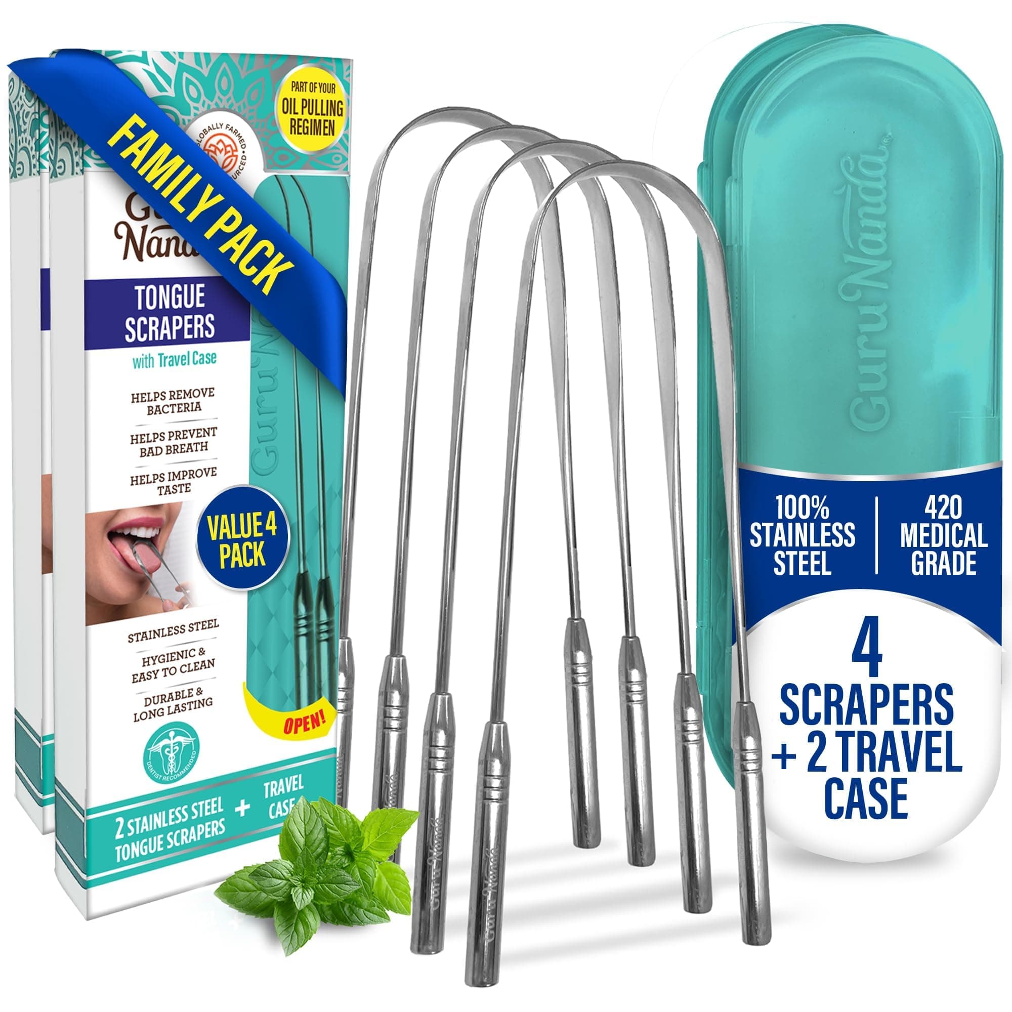 4 Pack - U Shaped Turquoise Tongue Cleaner