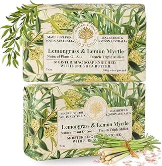 Wavertree & London Lemongrass & Lemon Myrtle Scented Natural Soap (2 Bars), 7oz Moisturizing French Triple Milled Soap Bars enriched with shea butter - Pure Plant Oil Bath & Body Soap Bars