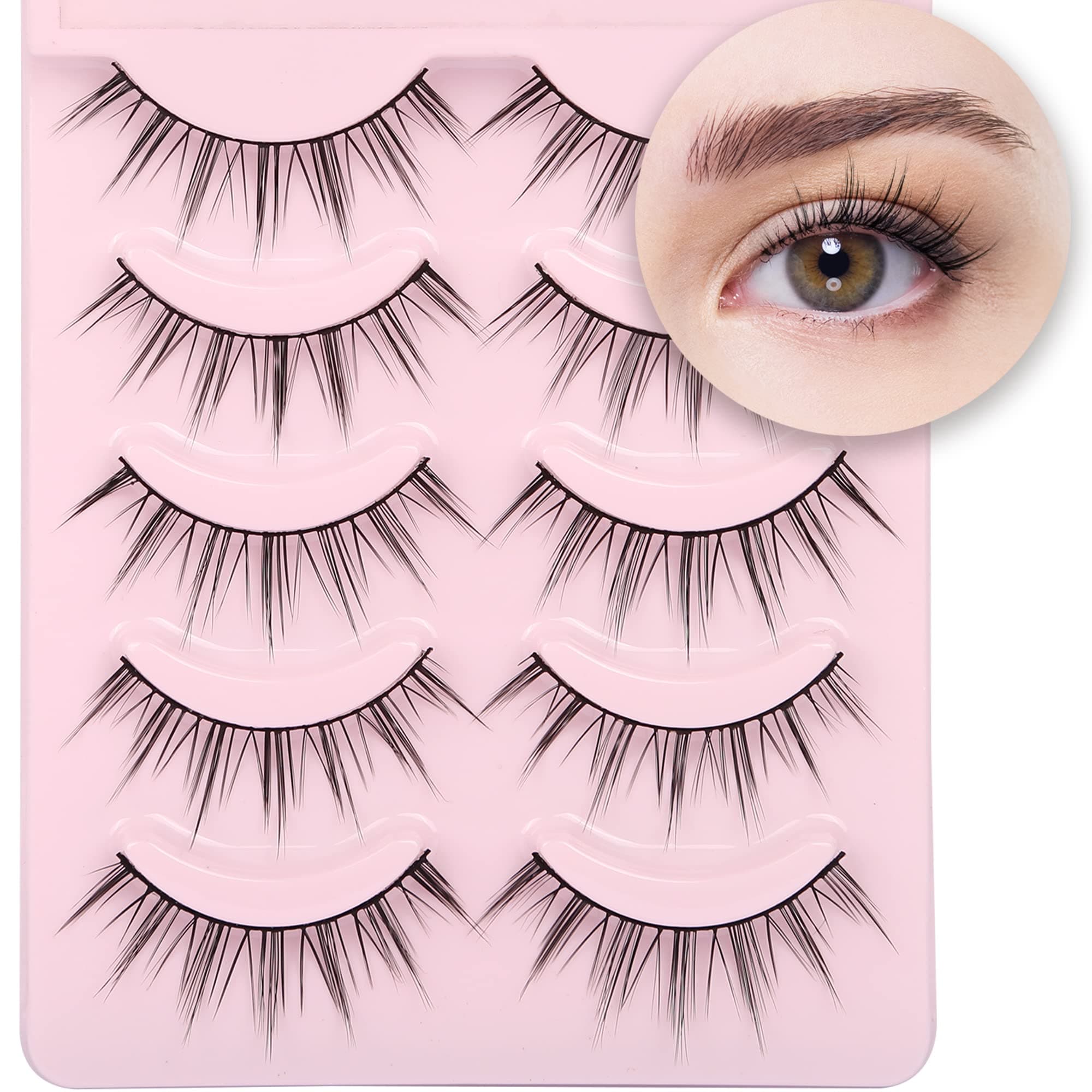 False Eyelashes Natural Look Lashes Wispy Manga Spiky Eye Lashes Fake Eyelashes Set,Tatti lashes,Strip lashes,Eyelash, Black, Pack Of 5