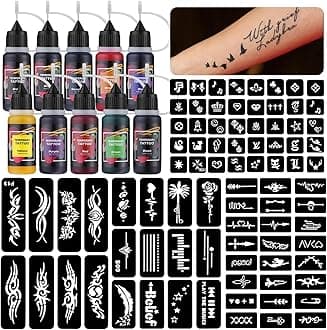 Temporary Tattoo Kit Realistic Fake Tattoo for Kids and Adults 10 bottles of 0.5 oz Long Lasting Temporary Tattoo Ink and 84 Tattoo Stencils ZYH2312333KIT