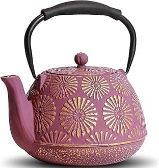 Cast Iron Teapot, 40oz Tea Kettle with Infuser for Stove Top, Sakura Design Japanese Tea Pot for Loose Leaf Coated with Enameled Interior, Silicone Handle 1200ml Pink