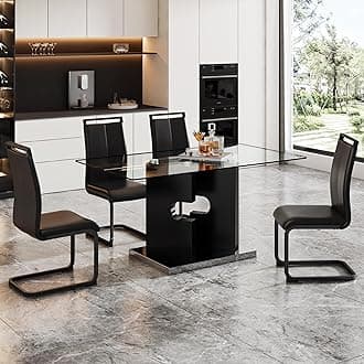Glass Dining Table Set for 4,5 Piece Dining Table Set, Tempered Glass Table Top and Modern Design MDF Base with 4 PU Leather Ergonomic Dining Chairs