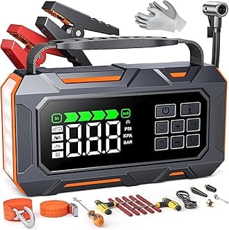 16-in-1 Car Jump Starter with Air Compressor 160PSI, 8000A Jump Starter Jump Box (All Gas 12L Diesel), Jumper Cables Jumper Starter Portable with Car Roadside Emergency Kit, Gloves, Lights