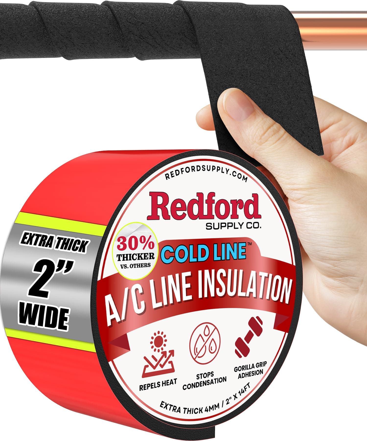 Redford Supply Co. 2 inch x 14 ft, AC Line Pipe Insulation, Outdoor Pipe Insulation Wrap for Winter Freeze Protection, Water Line Freeze Protection Foam, Insulated Wrap for Copper Pipes, PVC