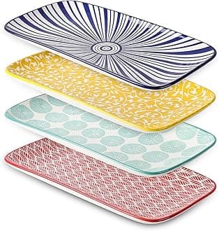 Selamica Ceramic Rectangular Serving Platters Set of 4, 12 Inch Serving Trays/Dishes for Party Entertaining, Rectangular Dinner Plates for Appetizer Salad Dessert Sushi, Assorted Colors