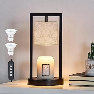 Candle Warmer Lamp With Timer, Black Lamps Linen Fabric Shade, 3-Level Dimmable Light Wax Melt For Scented Wax, 35W Electric Women Home Decor (2 Bulbs Included)