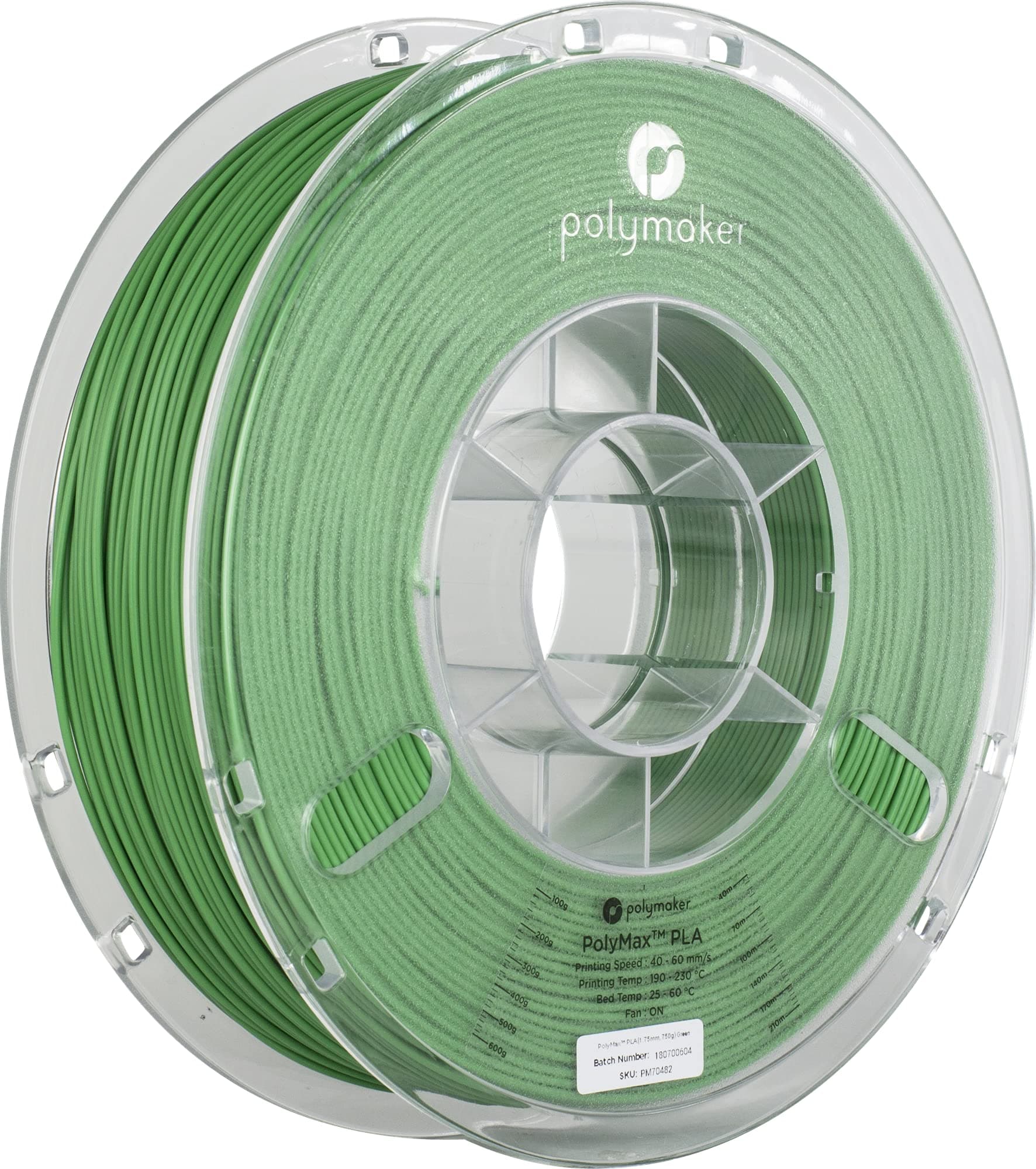 BuildTak PM70482 Polymaker PolyMax Nano reinforced PLA Filament featuring Jamfree Technology True Colours, 1.75 mm Diameter, 750 g, 0.75 kg Spool, True Green
