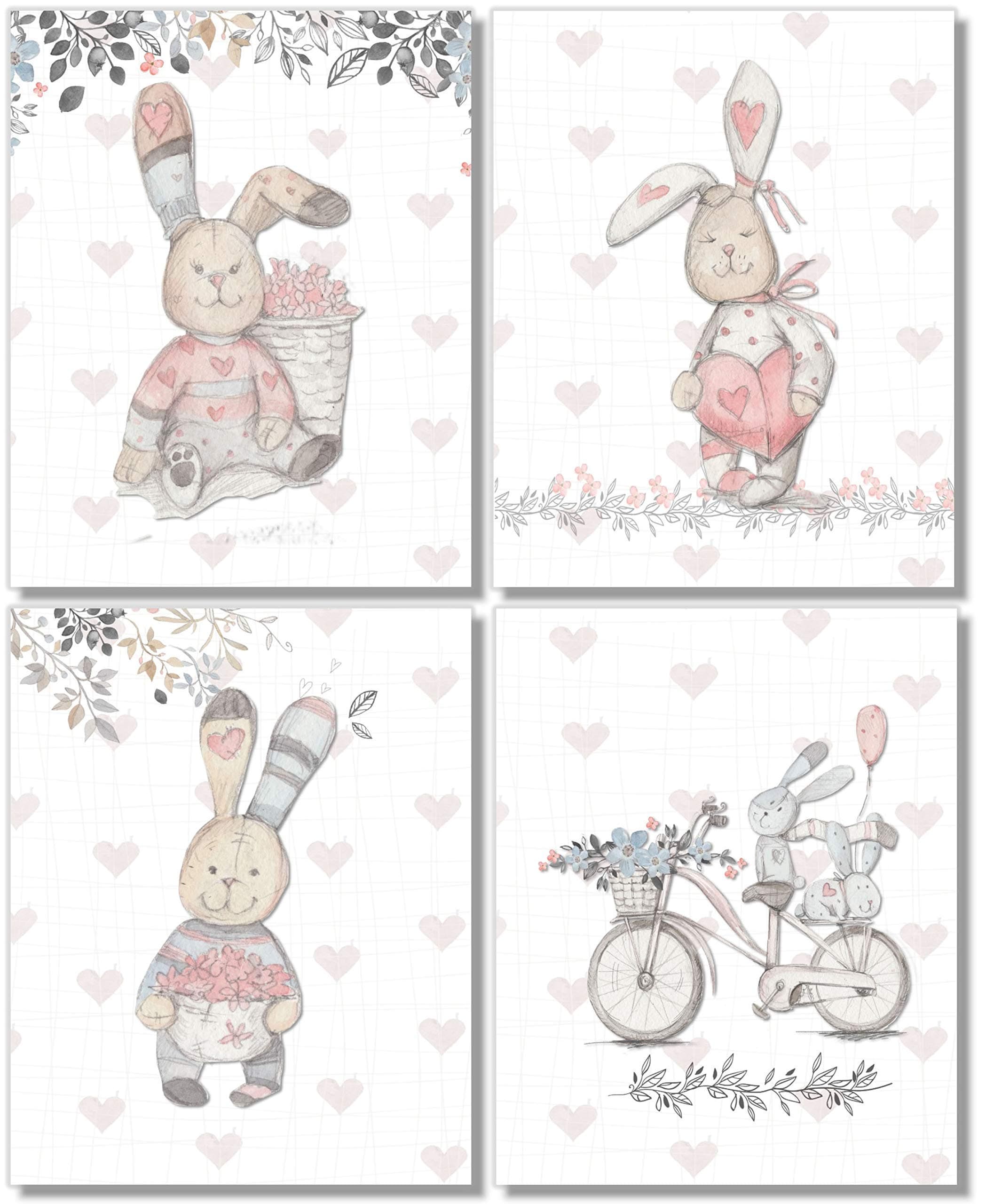 Nursery Kids Wall Decor - Bunny Rabbit Art Prints - (Set of 4) - 8x10 - Unframed