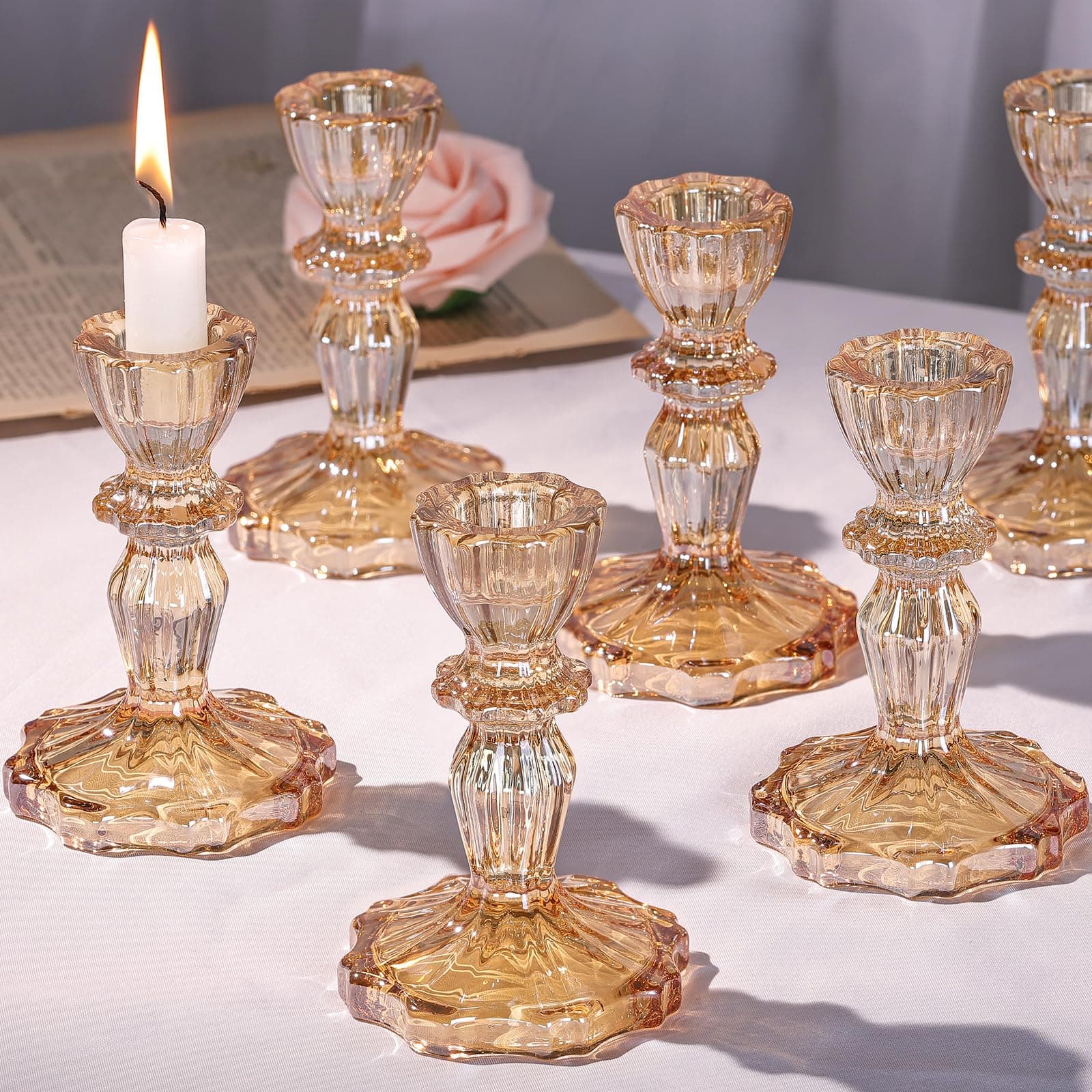 Glass Candlestick Holders Bulk, 6PCS Crystal Taper Candle Holders Set, Gold Tall Candle Stick Holder Stand for DIY, Festival, Party, Table Decor