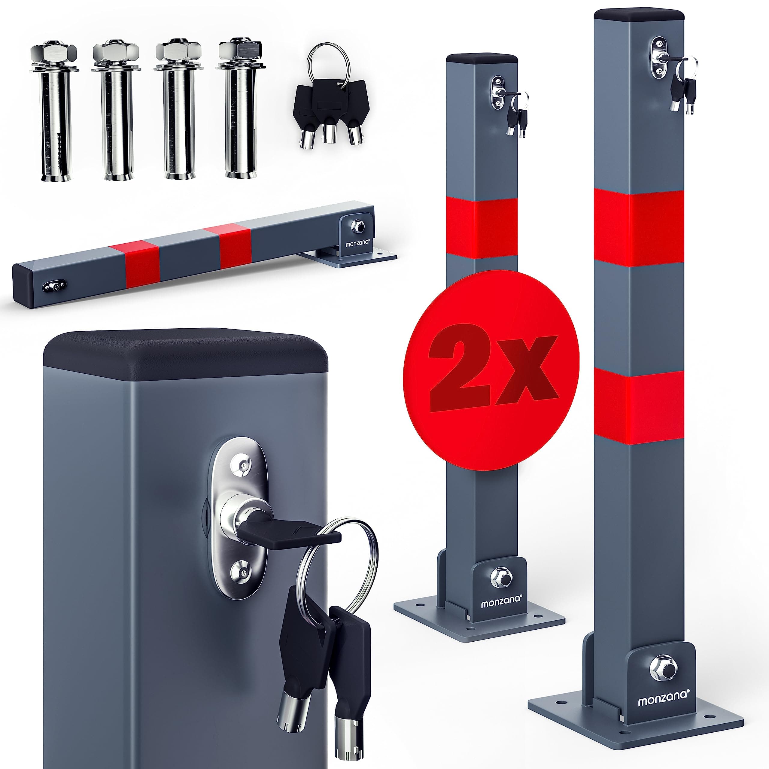 DEUBA® 2X Car Security Barrier for Driveways | Telescopic Retractable Parking Space Bollard | 3 Keys | Pre-Drilled Base Plate, Reflective Strips