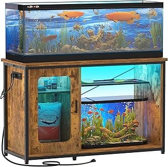 55-75 Gallon Fish Tank Stand with Power Outlets & LED Light, Reversible Heavy Duty Metal Aquarium Stand with Cabinet for Fish Tank Accessories Storage, Turtle/Reptile Terrariums, Rustic