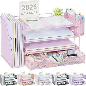 Desk Organizers and Accessories with File Holder, 4-Tier Desk Accessories & Workspace Organizers with Drawer and 2 Pen Holder, Paper Organizer for Office Supplies (Pink)