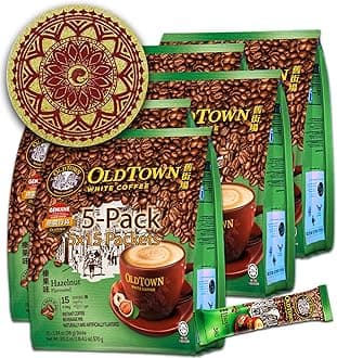 5-Pack OLDTOWN White Coffee 3 in 1 Asian Instant Coffee Package with a Cork Coaster, old town White Coffee 75 Packets with a Random Flavor Sample Packet (5-PACK, Hazelnut)