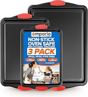 Emporio Kitchen Baking Pan Set - Nonstick Coating, Carbon Steel Bakeware Set with Red Silicone Handles, PFOA, PFOS, PTFE Free, Recipe Booklet Included, Oven Safe Tray (Up to 450° F), Set of 3 - Black