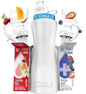 22oz. White Stainless Steel Water Bottle Starter Kit with Blue Lid, 2 Flavor Cartridges (1 LifeSip Fruit Punch and 1 FitSip Mixed Berry) No Sugar, Zero Calorie Drink Mix