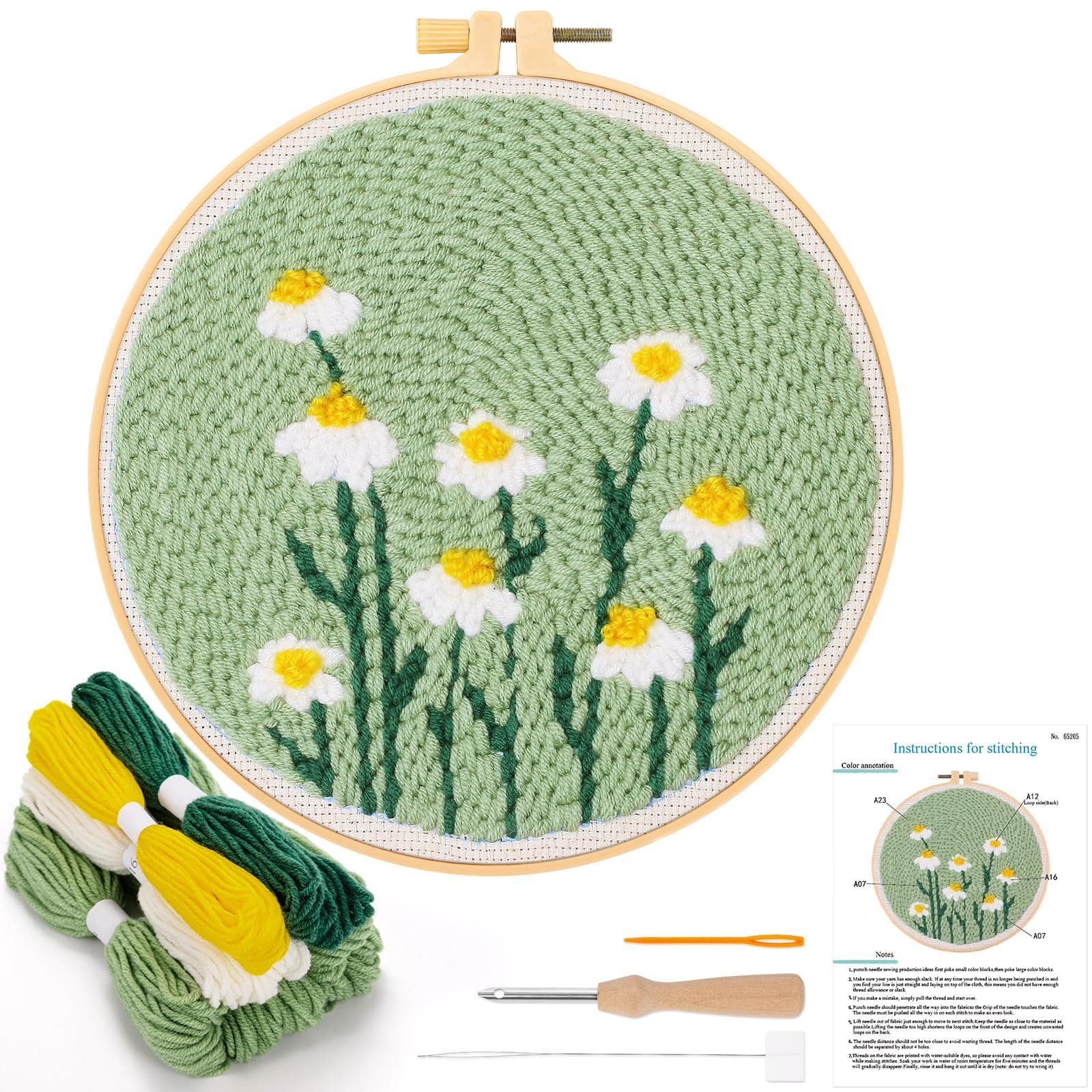 Punch Needle Embroidery Starter Kits,Rug Hooking Kit for Kids and Adults Beginners,Handcraft Punch Needle Kits with Embroidery Hoops,Flowers and Plants Pattern