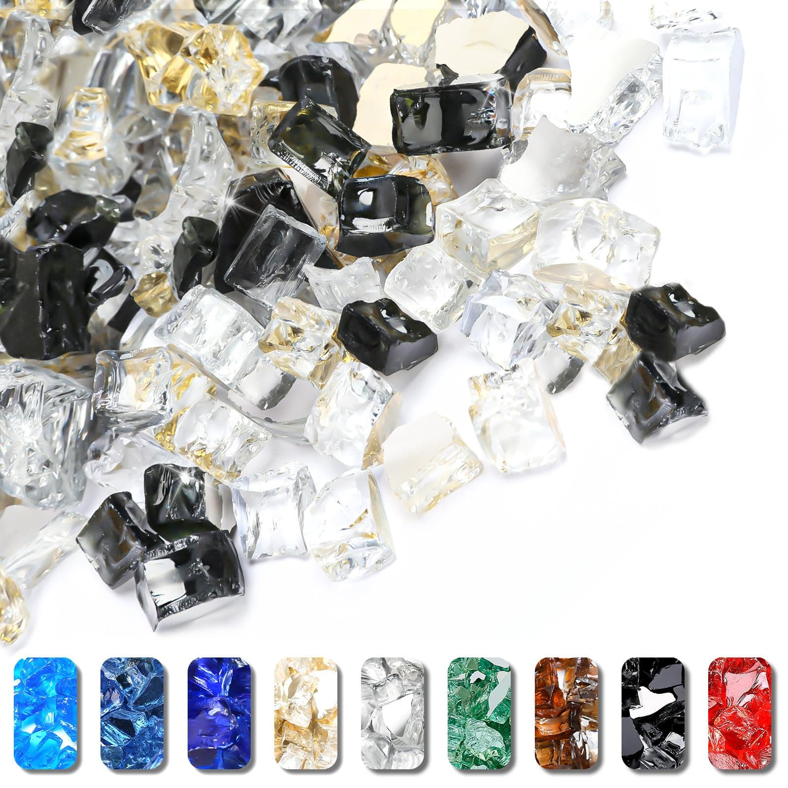 Grisun Fire Glass for Fire Pit, 1/2 Inch 10 Pounds High Luster Reflective Tempered Glass Rocks for Natural or Propane Fireplace, Safe for Outdoors and Indoors Firepit Glass