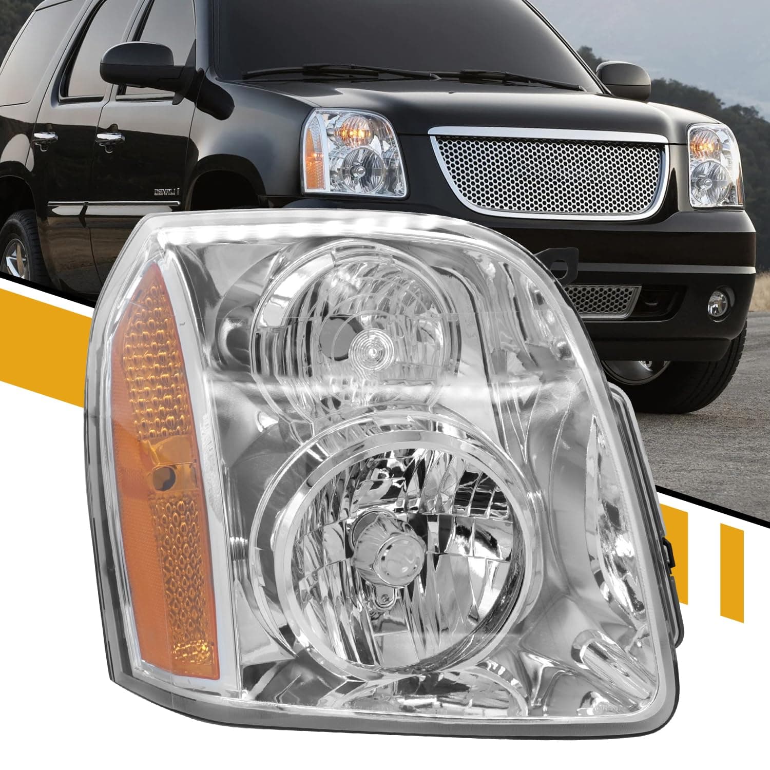 Headlight Assembly Compatible with 2007-2014 GMC Yukon/Yukon XL 1500 2500 [Denali Style], OE-Style Head Lamp Replaces OE#15861026 20969895, Chrome+Amber, Right Passenger Side