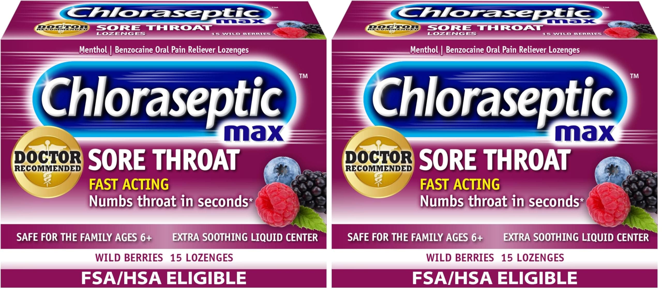 Chloraseptic Max Strength Sore Throat Lozenges, Wild Berries, 15 Count (Pack of 2)