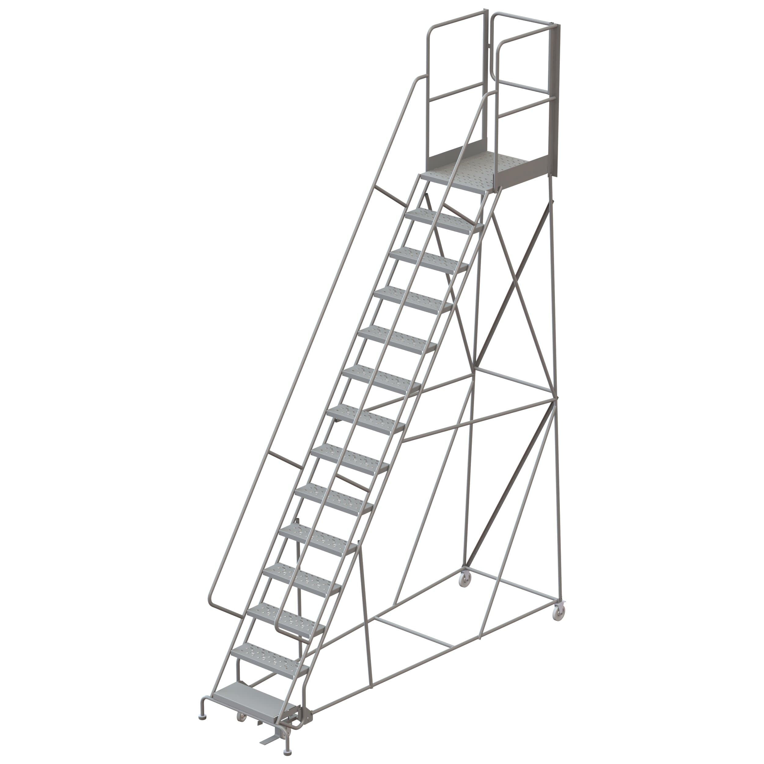 Tri-Arc RWSR114246-XR 14-Step Gateway Rear-Exit Steel Rolling Ladder with 30" Deep Top Platform, Perforated Tread with Handrails, 24" Wide Steps, Gray