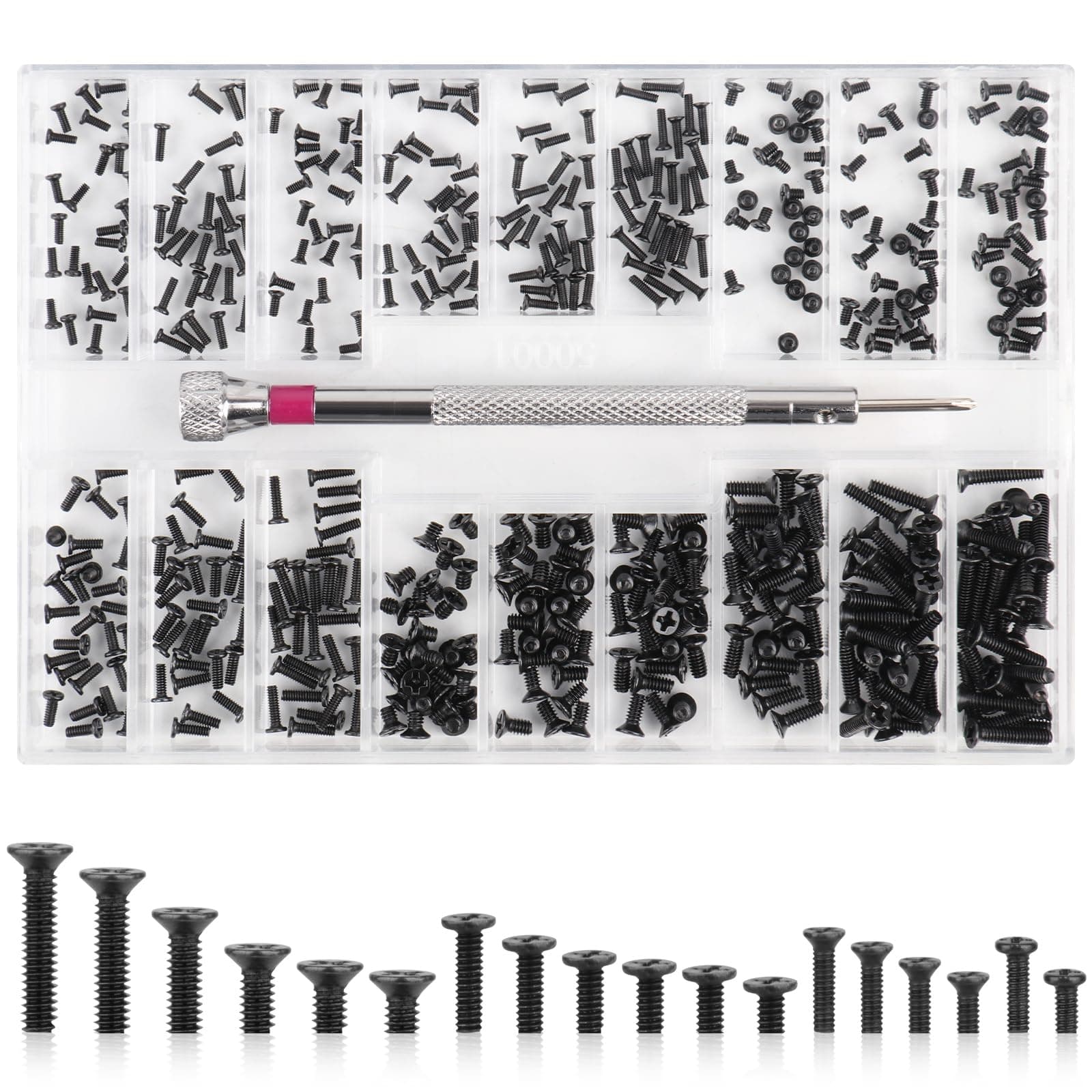 Micro Repair Screws, 500 Pcs Tiny Carbon Steel Mini Screws Assortment Kit, Self-Tapping Electronic Screws, for Glasses, Laptop, Watches, Clocks, Mobile Phone, with Screwdriver