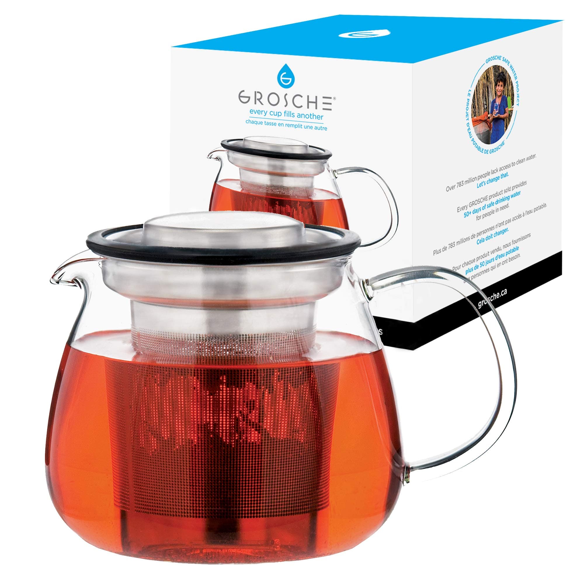 GROSCHE Waterloo Glass Personal Teapot for One with Laser etched t 18-8 Stainless Steel Infuser 570 ml 19.3 fl. oz.