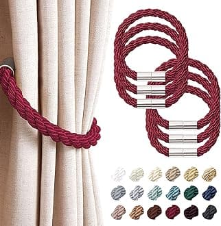 NICEEC 6 Pack Strong Magnetic Curtain Tiebacks Modern Simple Style Drape Tie Backs Convenient Decorative Weave Rope Curtain Holdbacks for Thin or Thick Home & Office Window Draperies (Wine Red)