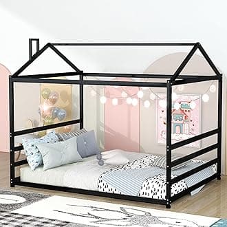 Metal Queen Size Floor Bed for Kids,Montessori Floor Bed with Roof,House Bed Frame Queen for Boys Girls,Black