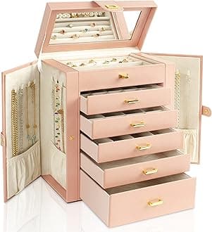 AKOZLINAKOZLIN Large Jewelry Box Organizer Functional Lockable with Big Mirror, Leather Jewelry Storage Case for Women Girls Ring Necklace Earring Bracelet Holder Organizer PinkThe Forest Stewardship Council