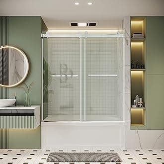 Frameless Bathtub Shower Door, 56"-60" W x 66 "H, Width Adjustable, SGCC Certified 3/8" (10 mm) Clear Tempered Glass, Dual Sliding Shower Door, Stainless Steel Brushed Nickel Finish DS01