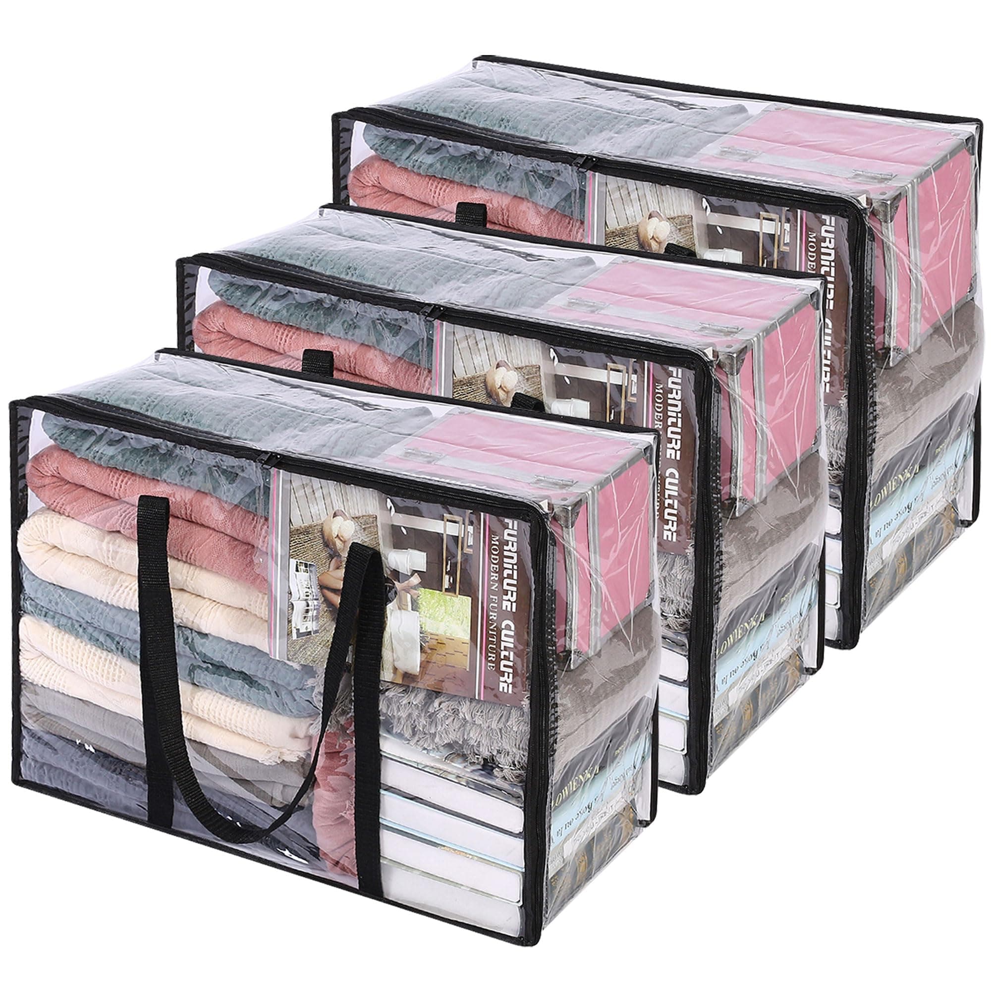 Vieshful 3 Pack Clear Clothes Storage Bag, 40L Plastic Blanket Storage Bag with Zipper, Foldable Closet Organizer, Moving bags for Comforter, Blanket, Bedding, Duvet, Toys